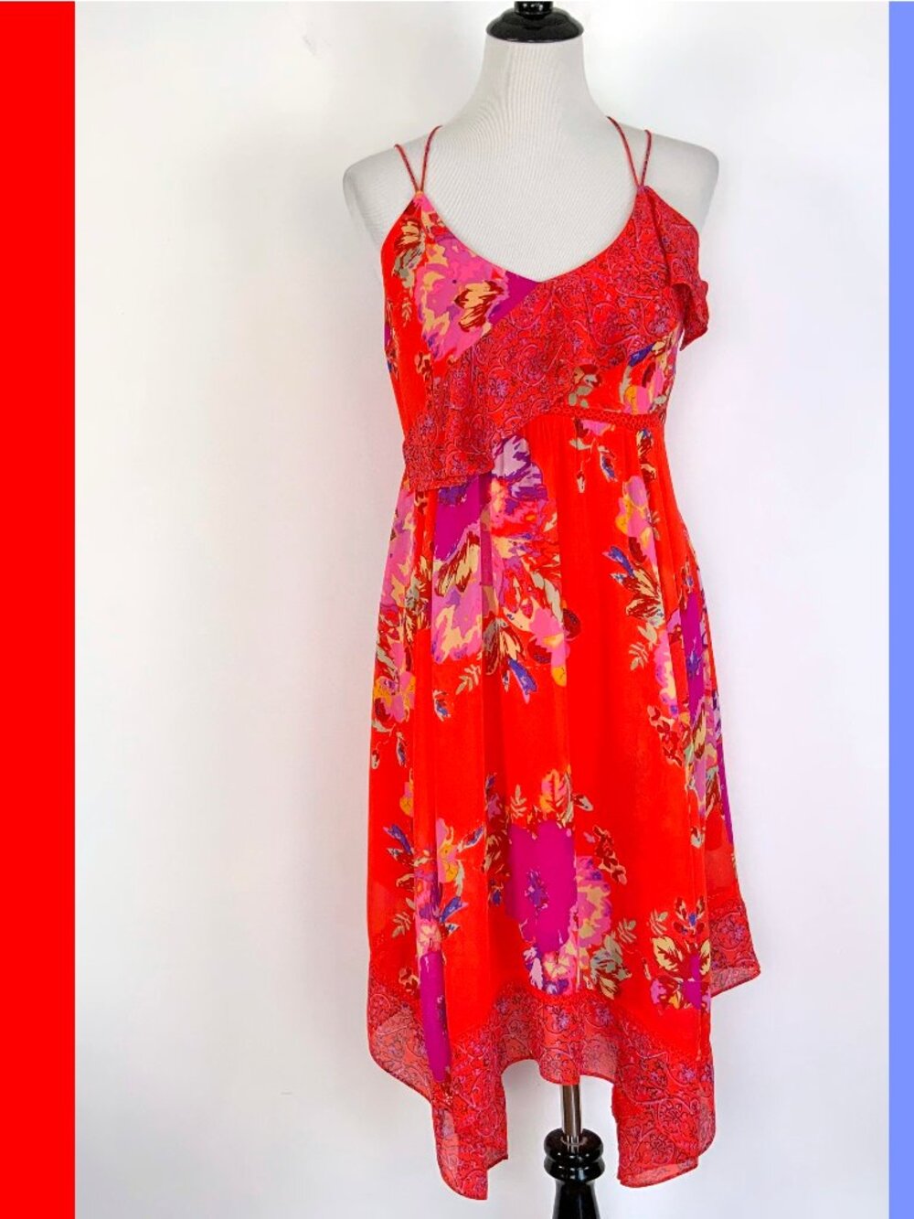 Maeve Anthropologie Grecia Red Floral Ruffle Handkerchief Hem Midi Dress Sz 6P